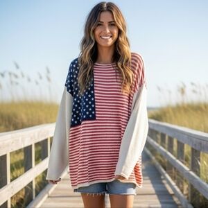 NWT Altar'd State American Flag Oversized  Sweater - Beige - Large